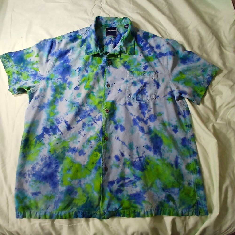 Tie Dyed Blue & Green !00% silk shirt